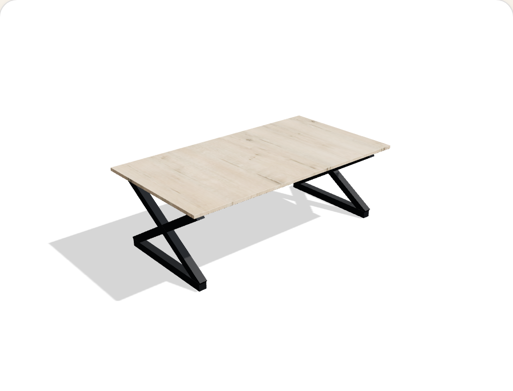 The Rustic Industrial coffee table — oak top on crossed black steel trestle legs