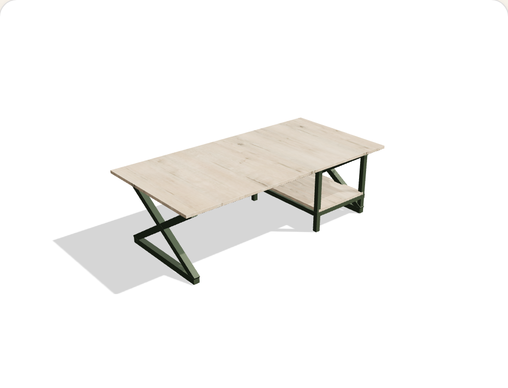 The Trestle Storage coffee table — oak top with a shelf on olive crossed steel legs