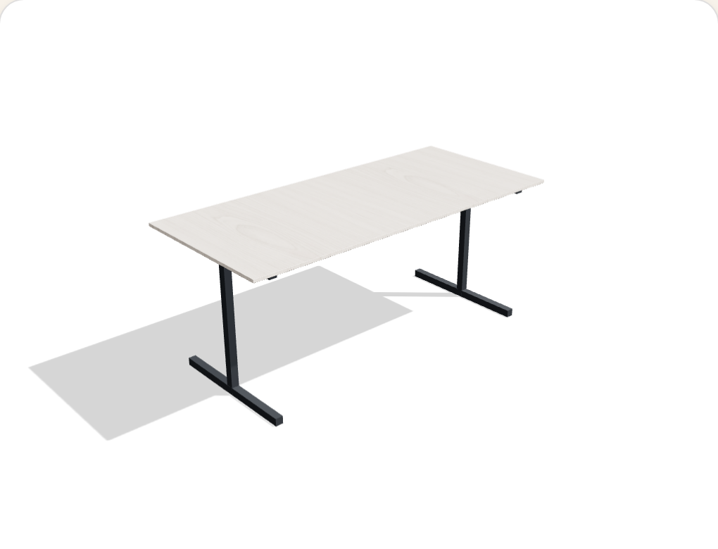 The Executive desk — wide pale woodgrain top on gunmetal H-frame legs