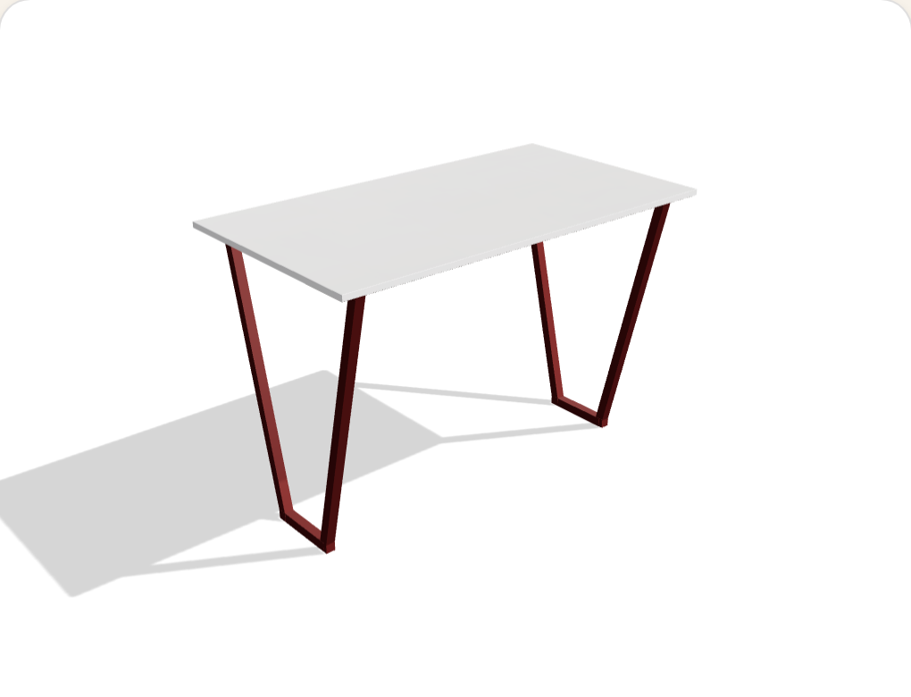 The Oxblood desk — white top on oxblood-red trapezoid steel legs