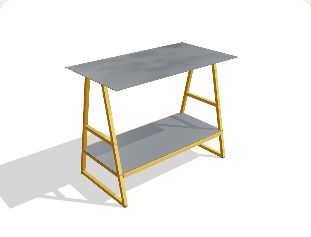 The Yellow Trestle workbench — steel-plate top with a lower shelf on safety-yellow trestle legs