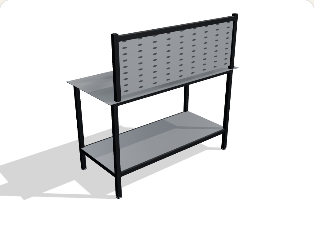 The Garage Standard workbench — steel plate top with a tool pegboard back and lower shelf, black frame